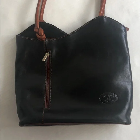 Vera Pelle Italian Leather Black/Brown Shoulder Backpack Bag - Picture 13 of 16